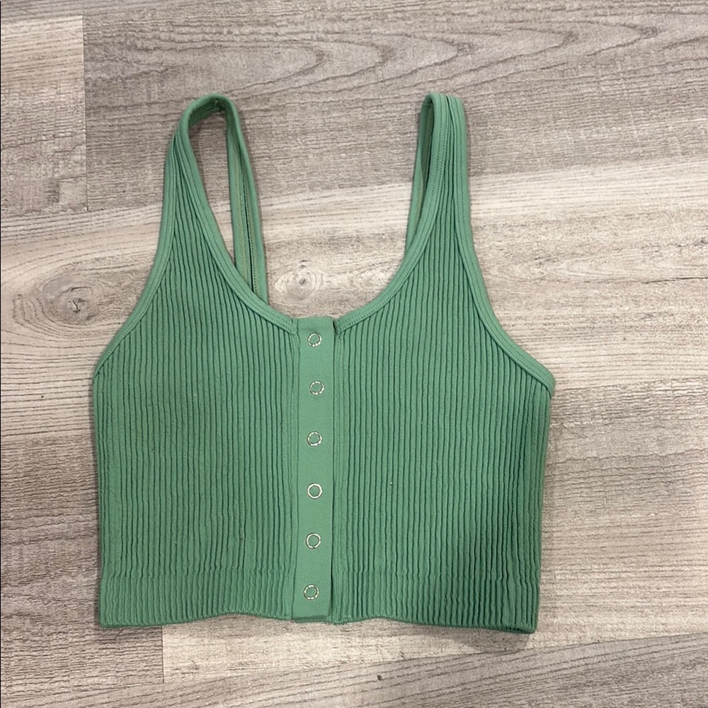 Green Ribbed Button Front Women's Top